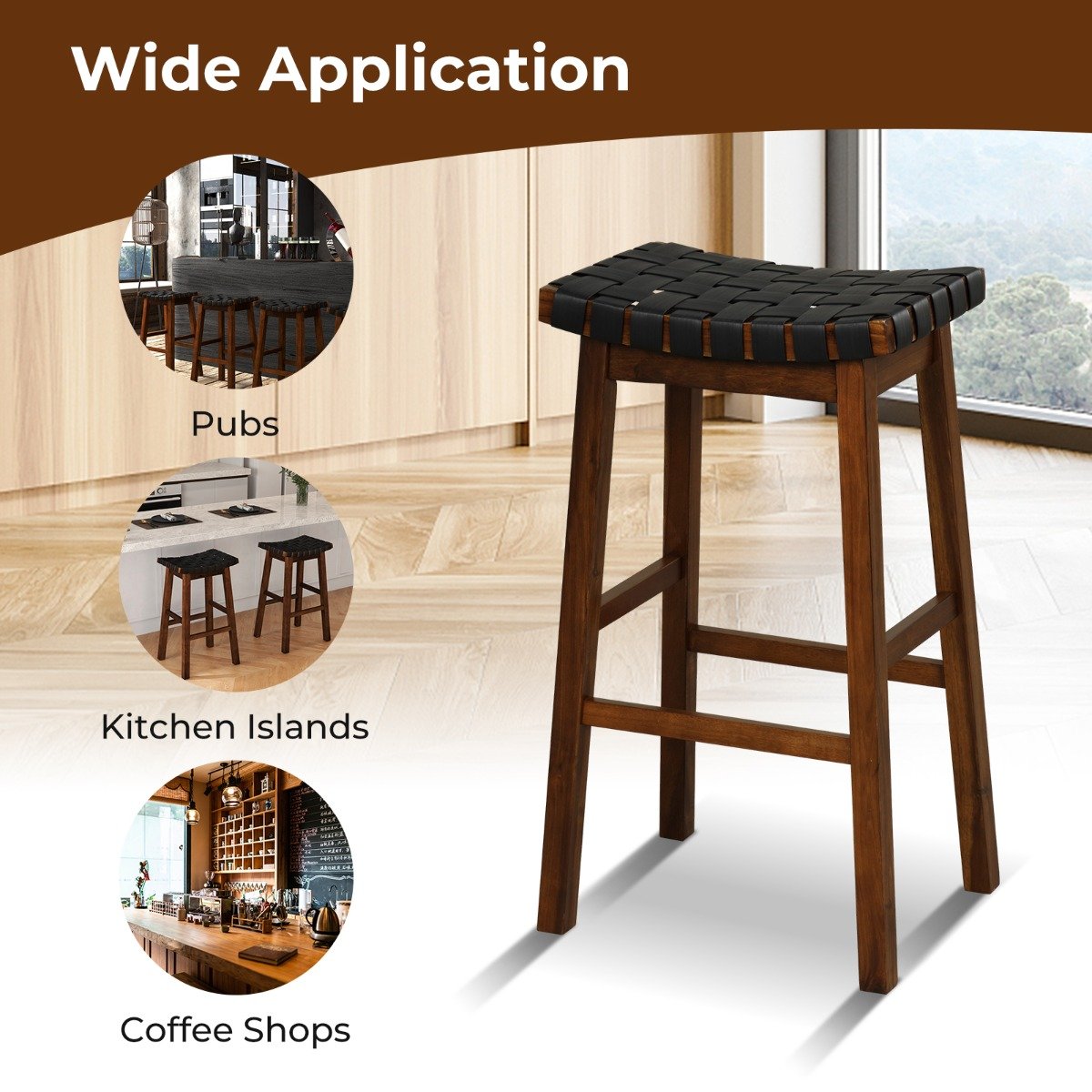 78cm Saddle Barstools with Woven Curved Seat for Kitchen-Black & Brown
