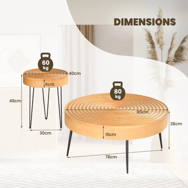 Set of 2 Solid Wood Farmhouse Round Coffee Tables