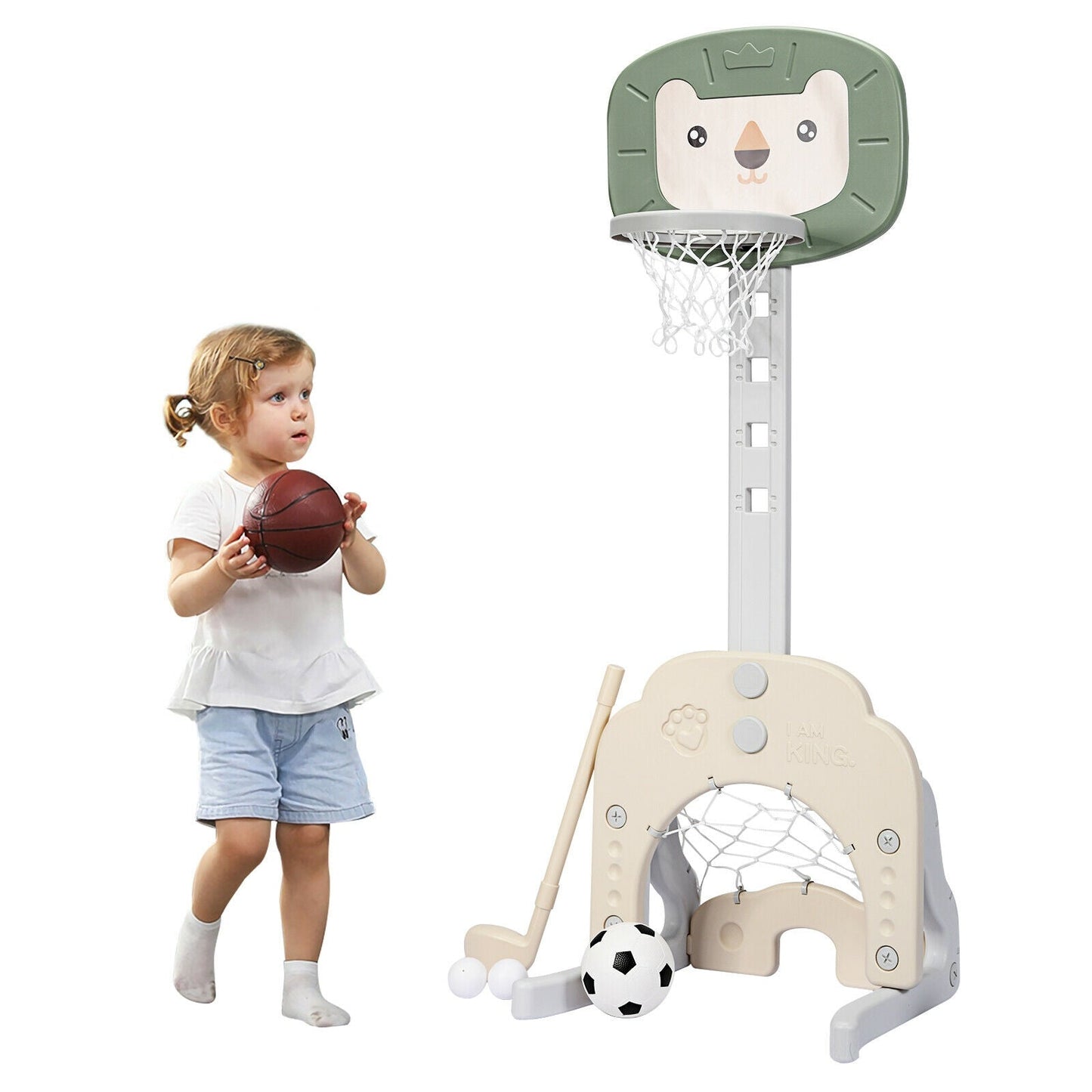 3-In-1 Children's Playground with Height-Adjustable Basketball Stand Green