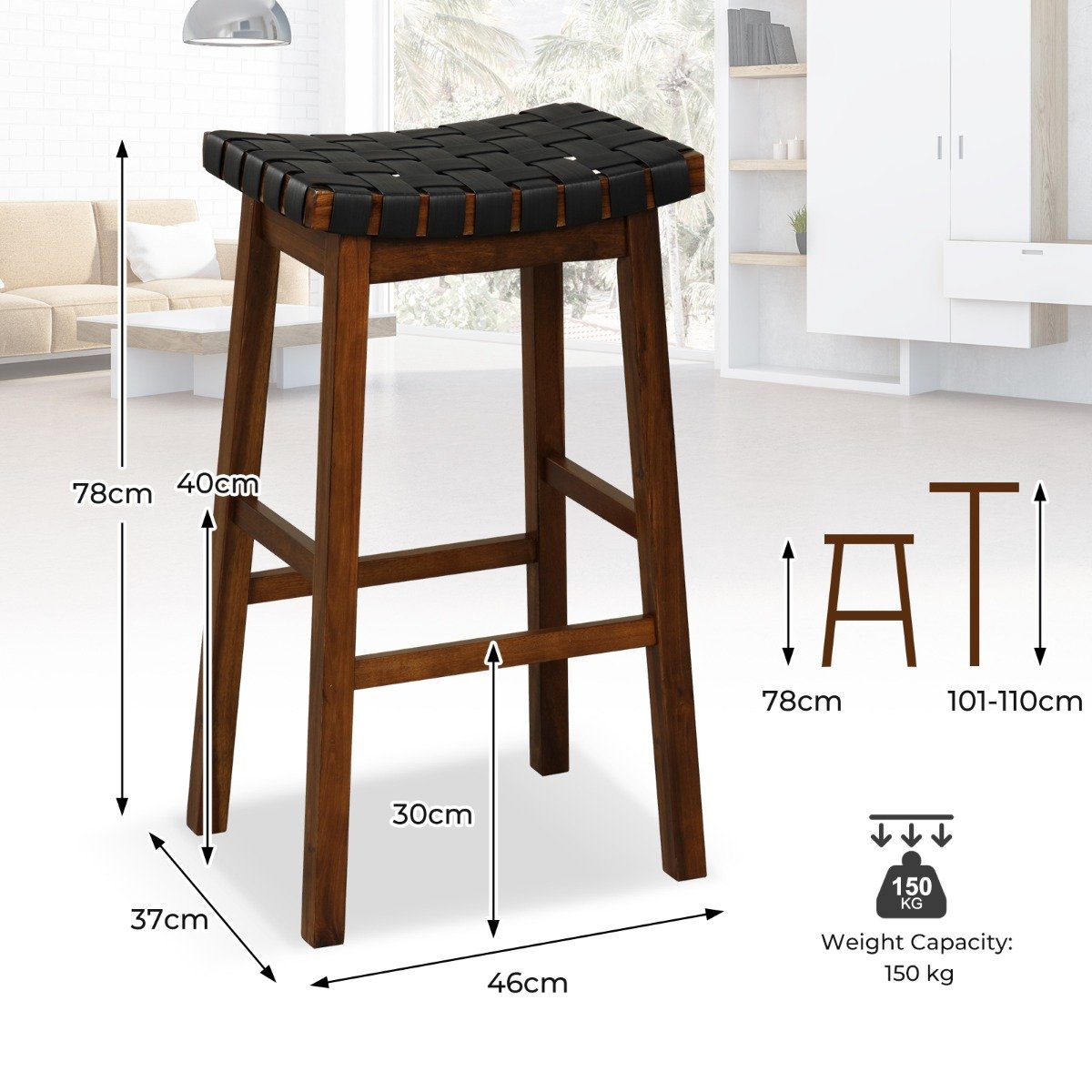 78cm Saddle Barstools with Woven Curved Seat for Kitchen-Black & Brown