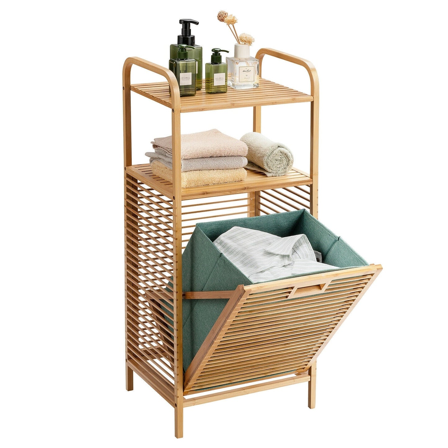 Tilt-out Bamboo Laundry Hamper with 2-Tier Shelf and Removable Liner-Natural