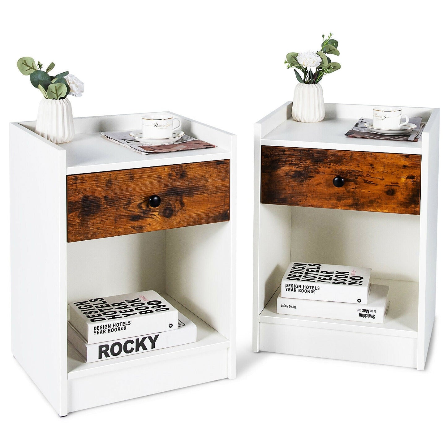 Set of 2 Nightstand with 1 Drawer and Storage Compartment