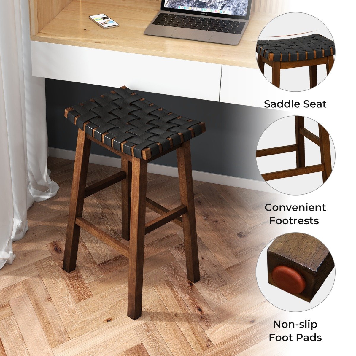 78cm Saddle Barstools with Woven Curved Seat for Kitchen-Black & Brown