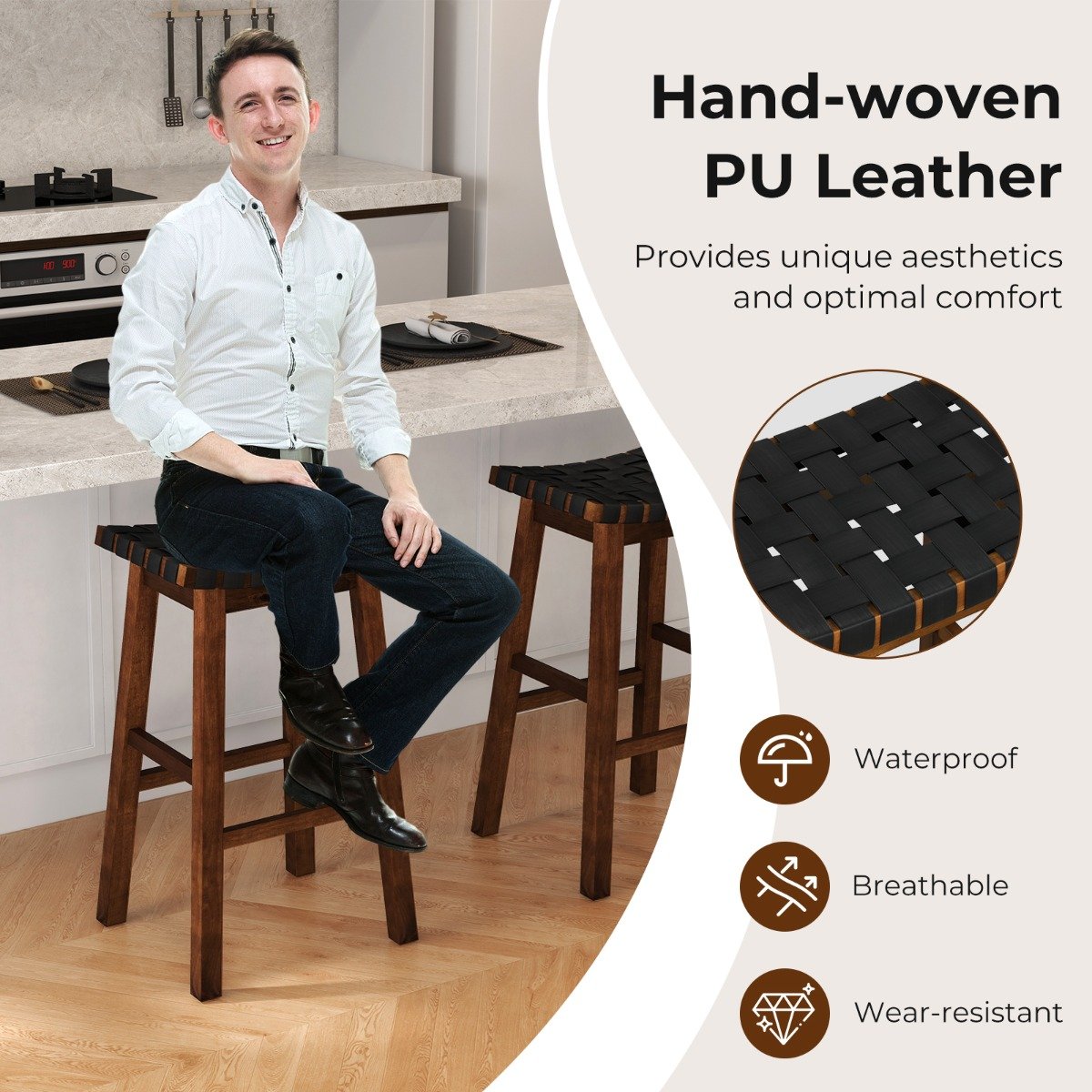 78cm Saddle Barstools with Woven Curved Seat for Kitchen-Black & Brown