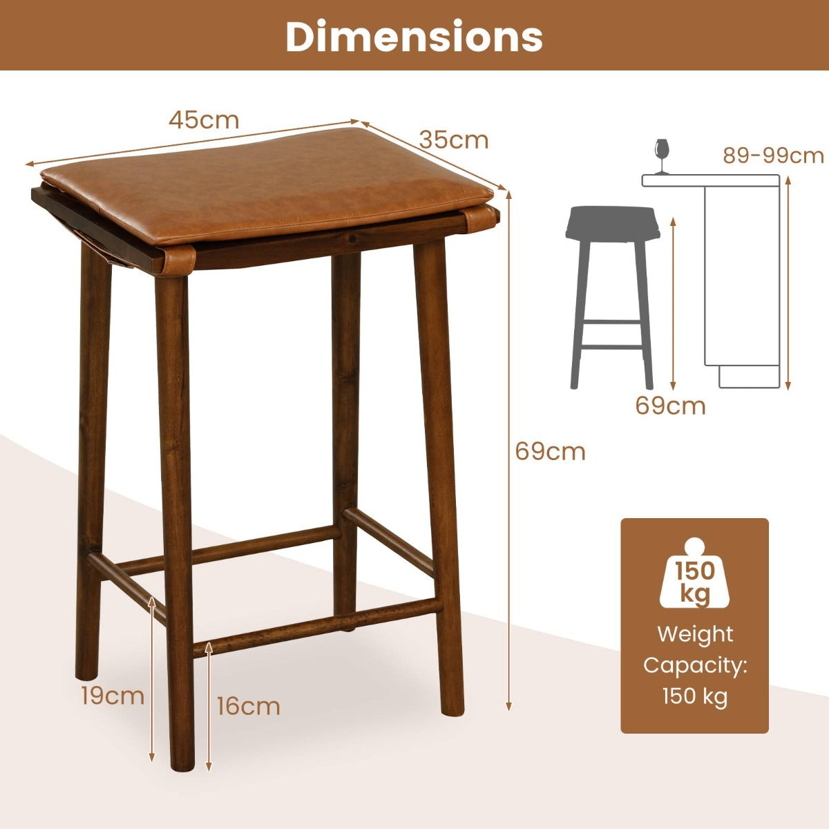 Set of 2 69cm Dining Barstools with Footrest & Removable Cushion