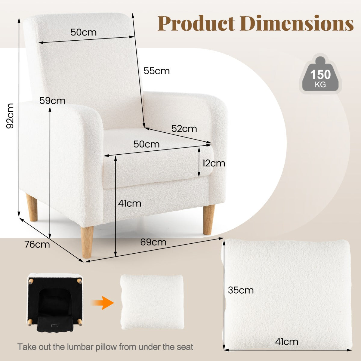 Modern Upholstered Sofa Chair with Lumbar Pillow for Living Room-White