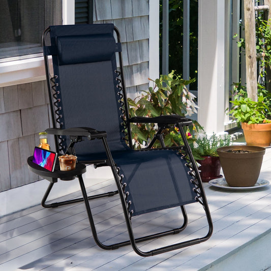 Folding Patio Recliners with Removable Headrest and Cup Holder-Navy