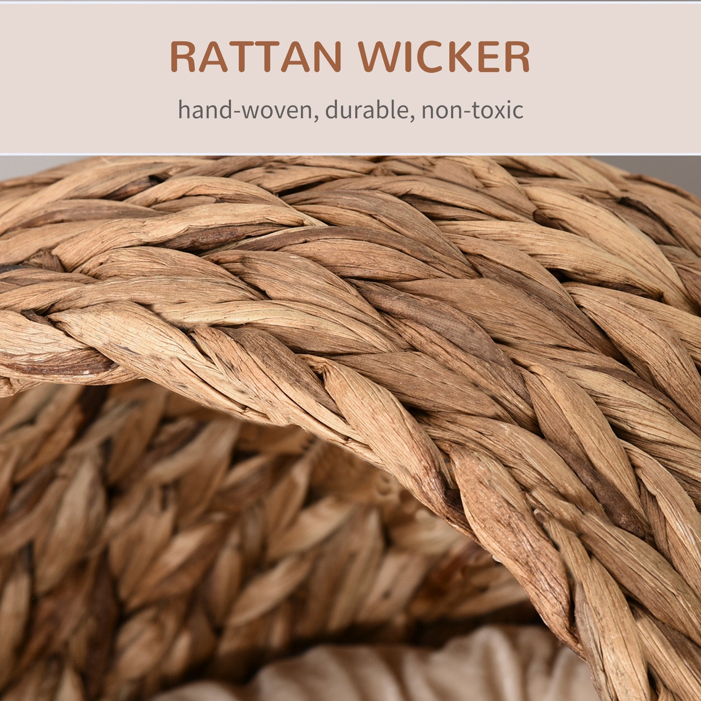 PawHut Wicker Cat Bed, Podwyższony Rattanowy Kosz dla Kota z Cylindryczną Podstawą, Miękka Zmywalna Poduszka, 42 x 33 x 52 cm - Brązowy