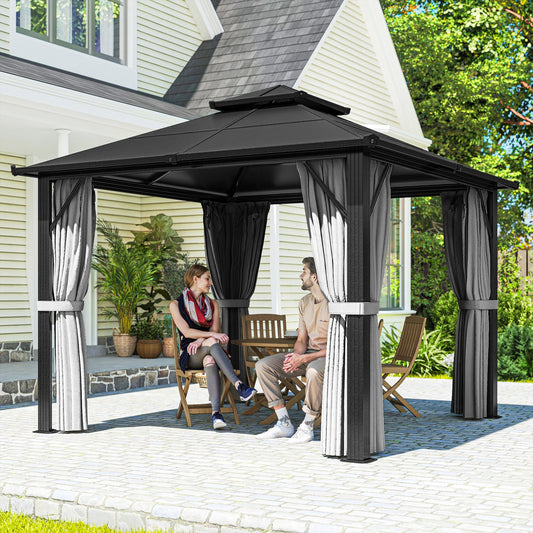 Outsunny 3 x 3(m) Hardtop Gazebo Canopy with UPF30+ Double Polycarbonate Roof, Aluminium Frame Garden Gazebo Permanent Pavilion with Mosquito Netting and Curtains for Patio, Deck, Grey