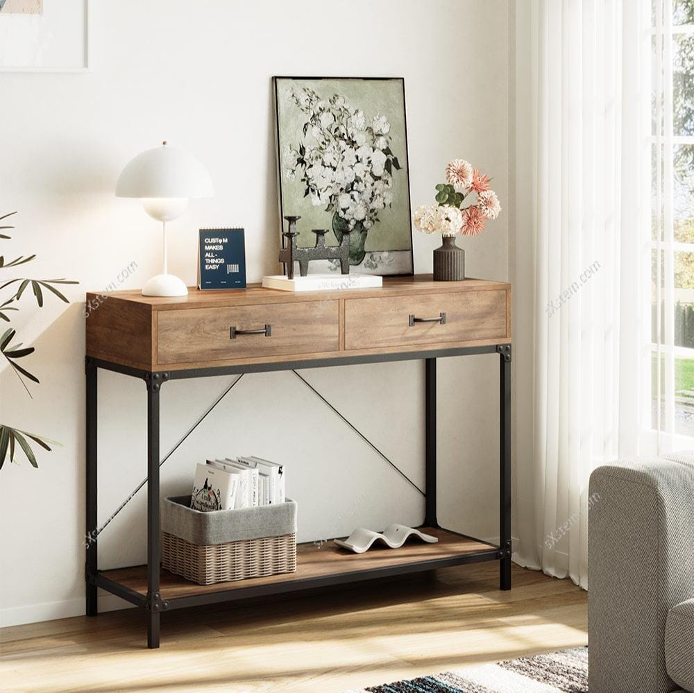Industrial Wood Side Table with Drawers