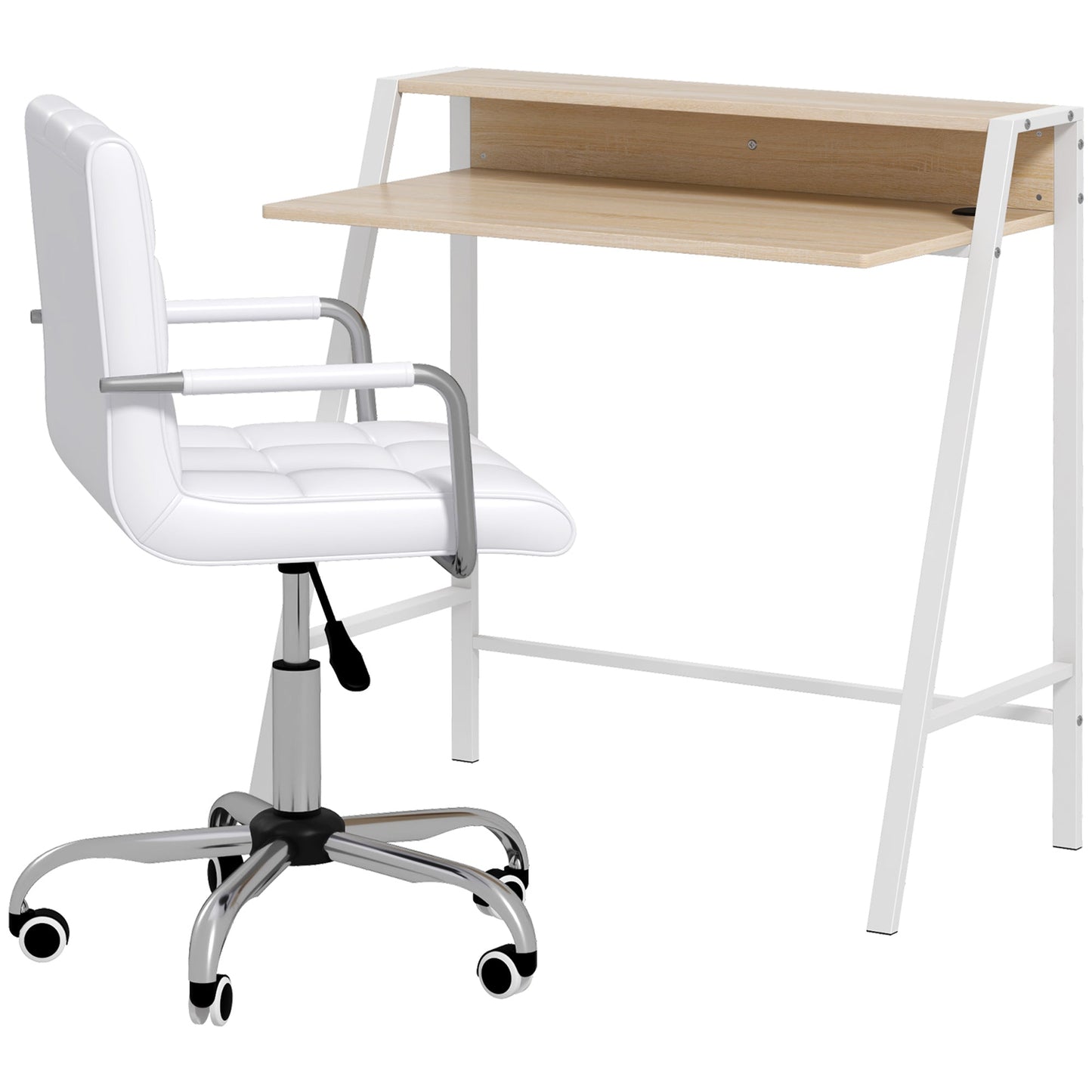Zestaw HOMCOM Home Office Chair i Computer Desk, Fotel biurowy ze sztucznej skóry z kółkami obrotowymi, Biurko do nauki z półką do przechowywania, Biały