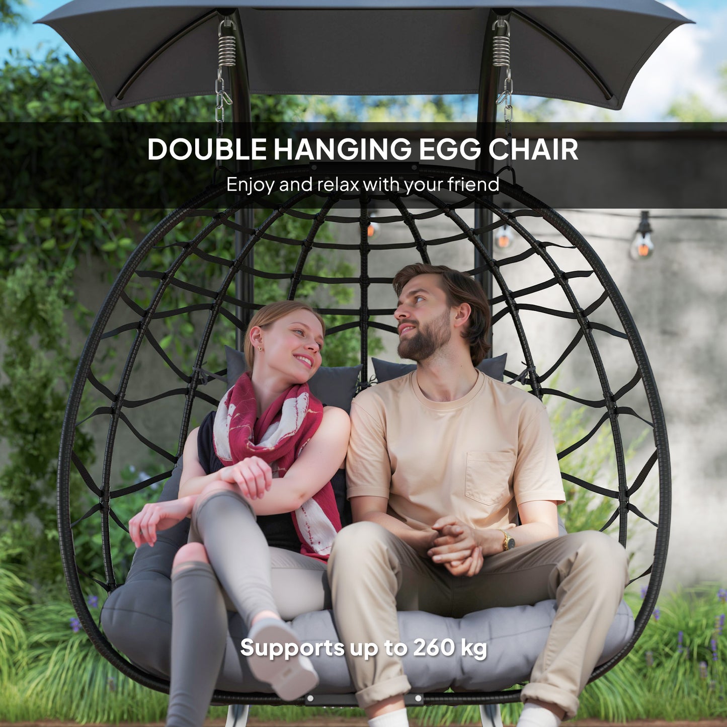 Outsunny Rattan Double Hanging Egg Chair z baldachimem, składany wiklinowy fotel hamakowy Egg z poduszką, poduszkami pod głowę, stojakiem, stalową ramą, fotelem hamakowym do wewnątrz i na zewnątrz, nośność 260 kg, czarny