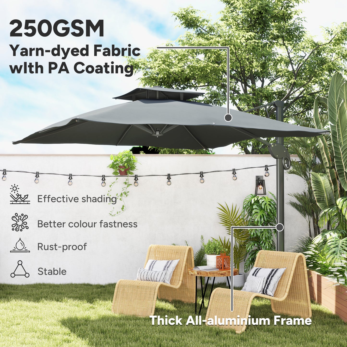Outsunny 3m gruby materiałowy parasol ogrodowy z podstawą krzyżową - szary