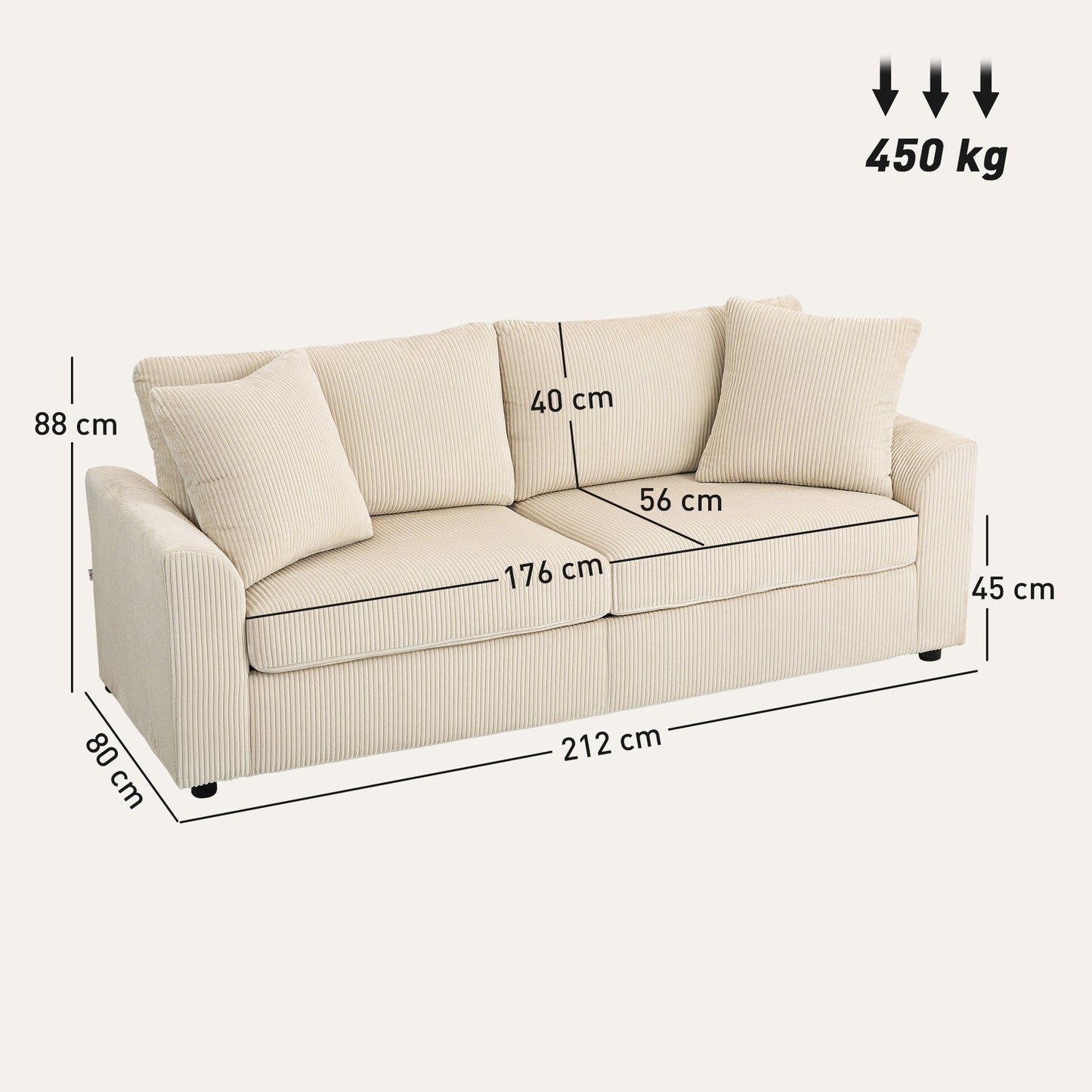HOMCOM Nowoczesna 3-osobowa sofa z poduszką sprężynową, 212 cm, materiałowa, Jumbo Cord Sofa Couch z 2 poduszkami dekoracyjnymi, tapicerowana sofa z kordu do salonu, sypialni, domowego biura, kremowo-biała