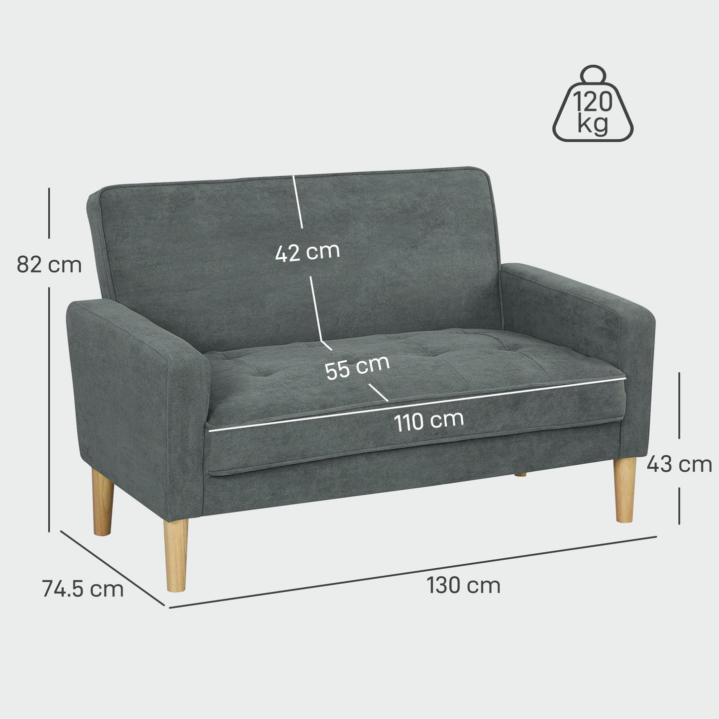 Dwuosobowa sofa HOMCOM Velvet-Feel - szara