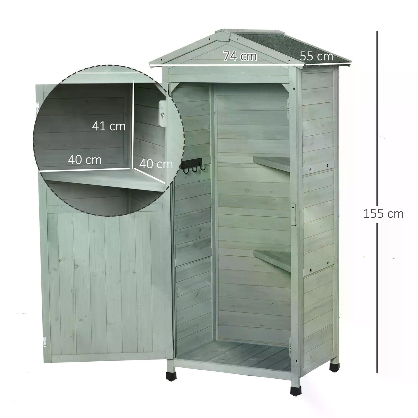Outsunny Wooden Garden Shed, Outdoor Storage Cabinet with 2 Shelves and Hooks, Locking Organiser Outdoor Narrow Tool House, 74x55x155cm, Green