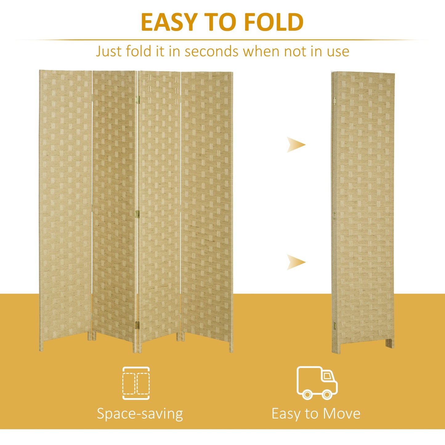 HOMCOM 4-Panel Room Dividers, Wave Fibre Freestanding Folding Privacy Screen Panels, Partition Wall Divider for Indoor Bedroom Office, 170Â cm, Brown