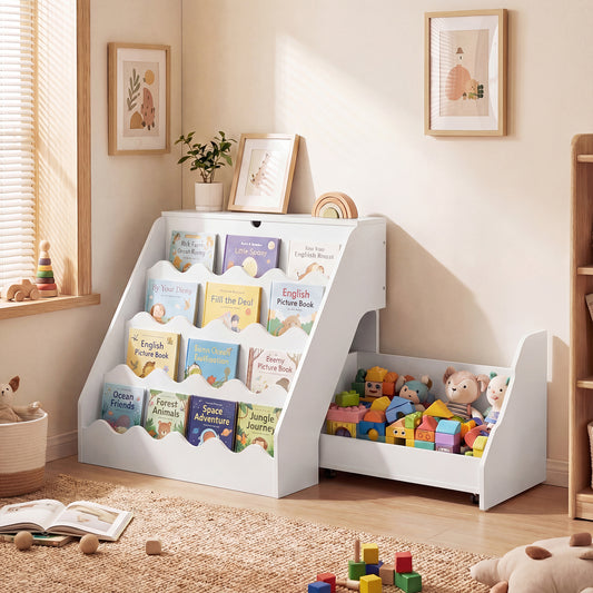 2-In-1 Kids' Bookshelf and Toy Storage Organizer with Rolling Drawer Cart and 4 Tier Book Shelf-White