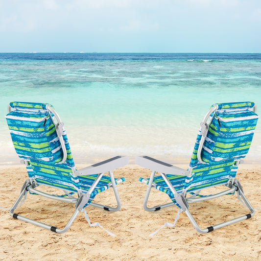 Folding Lay Flat Beach Chair Set of 2 with 5-Position Backrest-Blue & Green