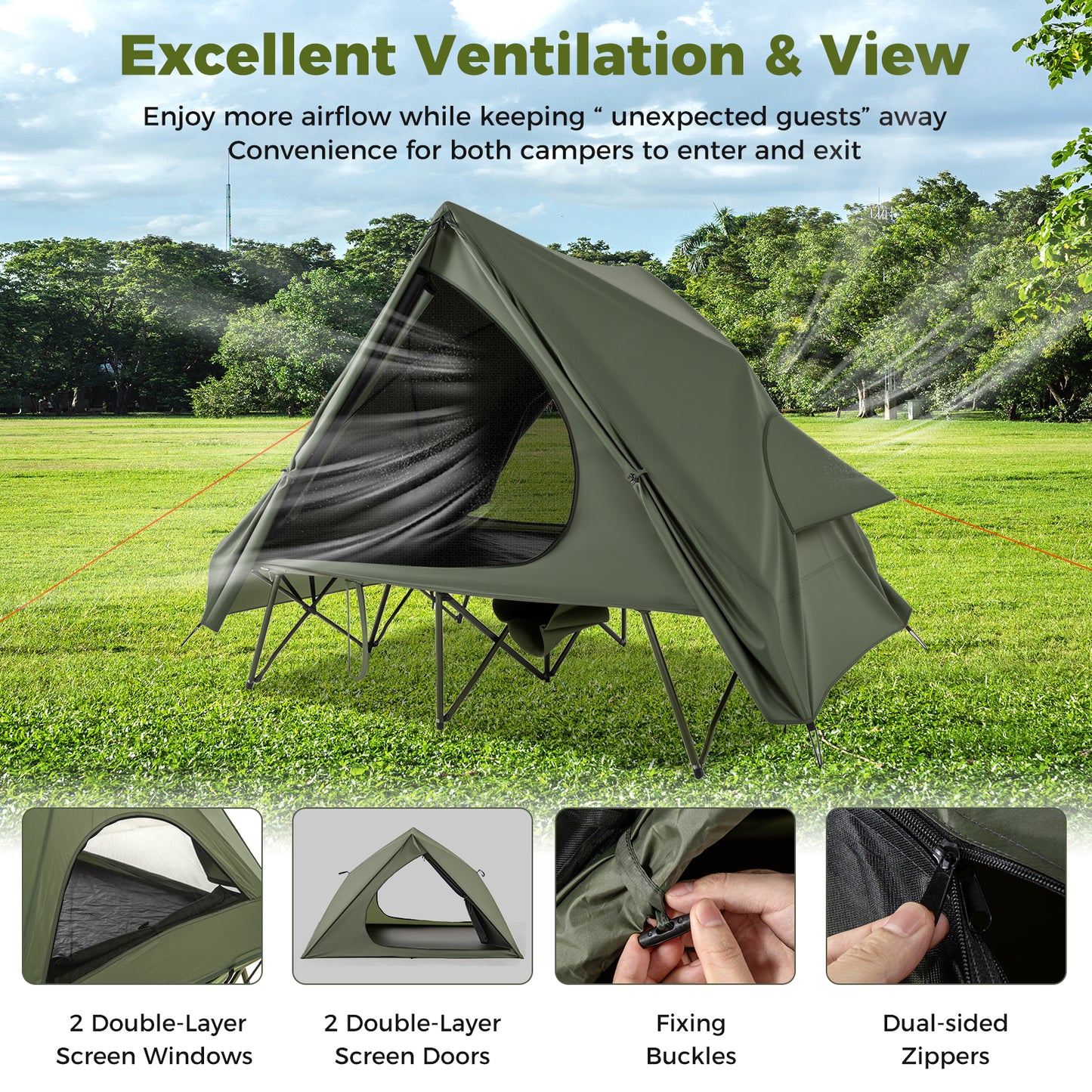 2-Person Foldable Off-Ground Camping Cot Tent with Wheeled Bag-Green