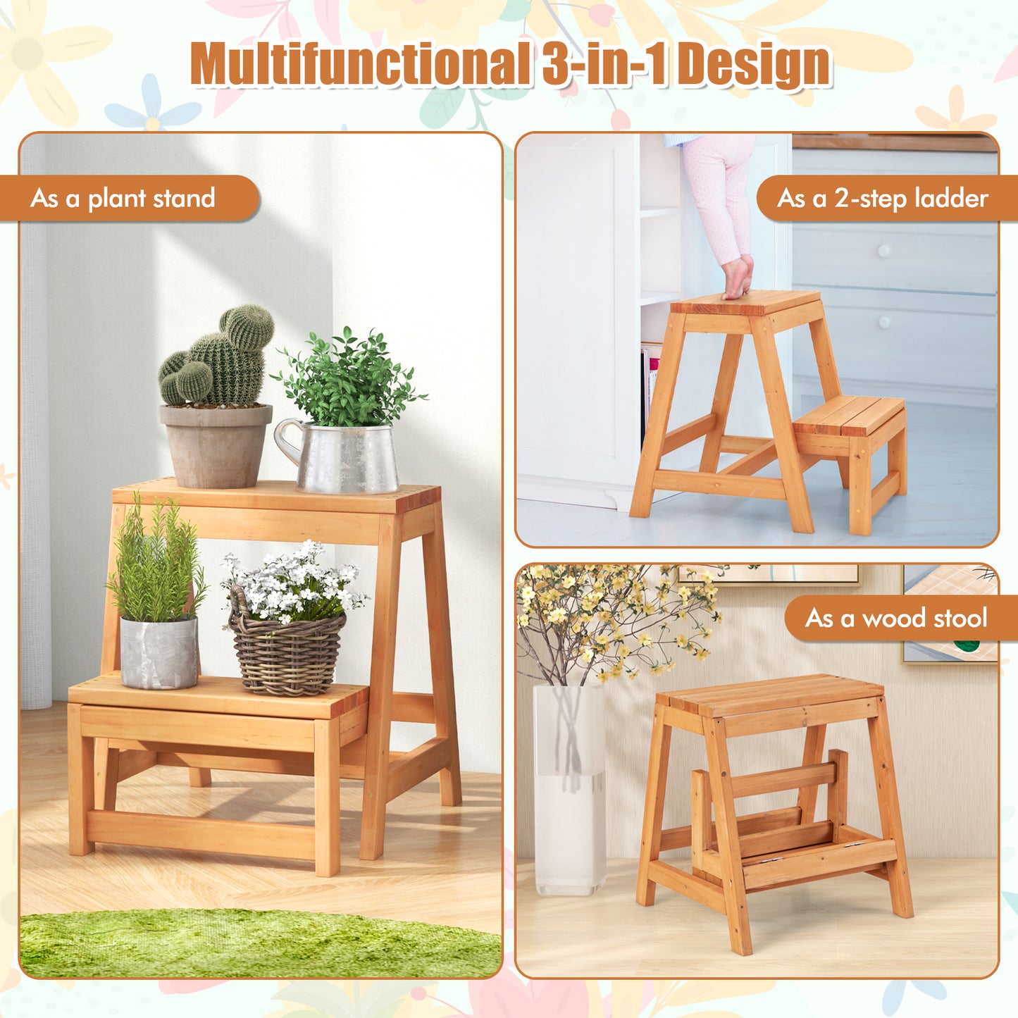 Multipurpose 2-Tier Folding Step Stool 2-Step Ladder Stool Wooden Plant Stand Storage Rack-Yellow