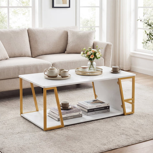2-Tier Coffee Table with Storage Shelf and Open Compartment in White and Golden, image 2