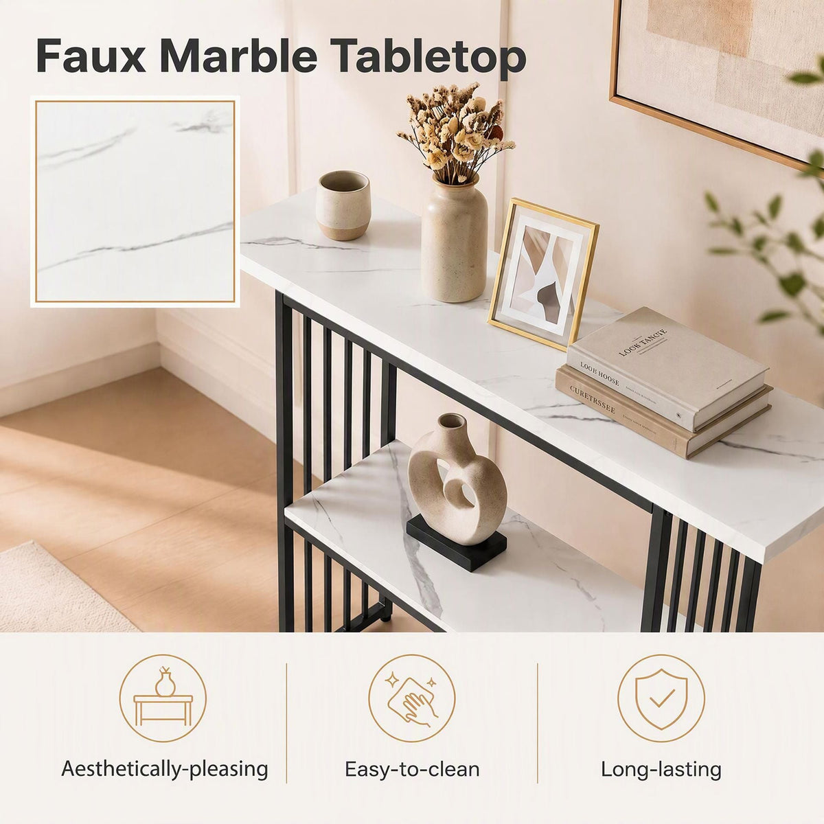2-Tier Console Table with Faux Marble Shelves and Solid Metal Structure-White and Black
