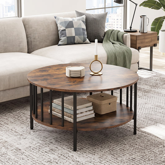 2-Tier Round Coffee Table with Open Shelf & Metal Frame for Living Room Small Spaces-Rustic Brown