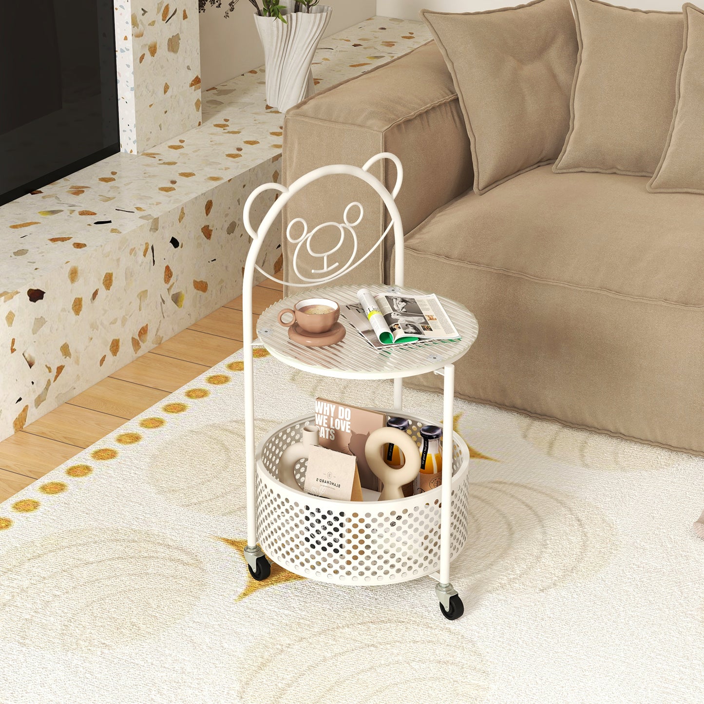 2-Tier Mobile Glass Coffee Table with Bear Pattern and Storage Basket-White