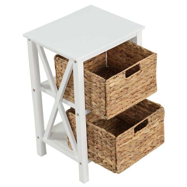 Set of 2 3-tier bedside tables with 2 seagrass baskets & X-Design narrow side table white