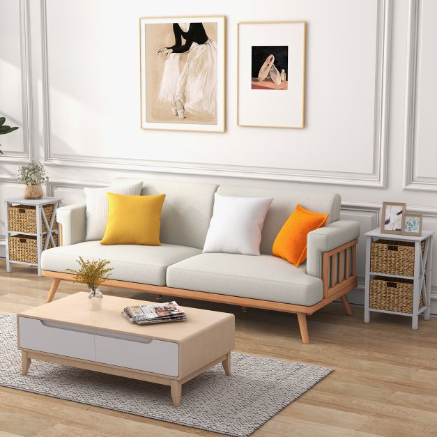 Set of 2 3-tier bedside tables with 2 seagrass baskets & X-Design narrow side table white