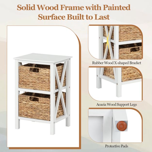 Set of 2 3-tier bedside tables with 2 seagrass baskets & X-Design narrow side table white