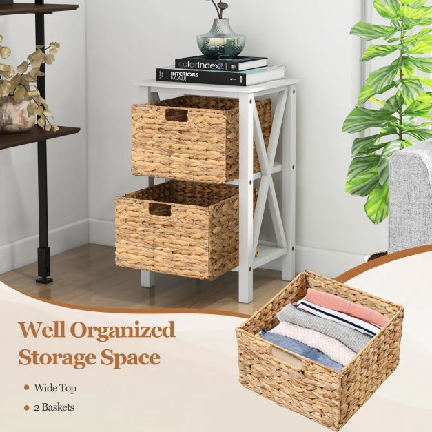 Set of 2 3-tier bedside tables with 2 seagrass baskets & X-Design narrow side table white