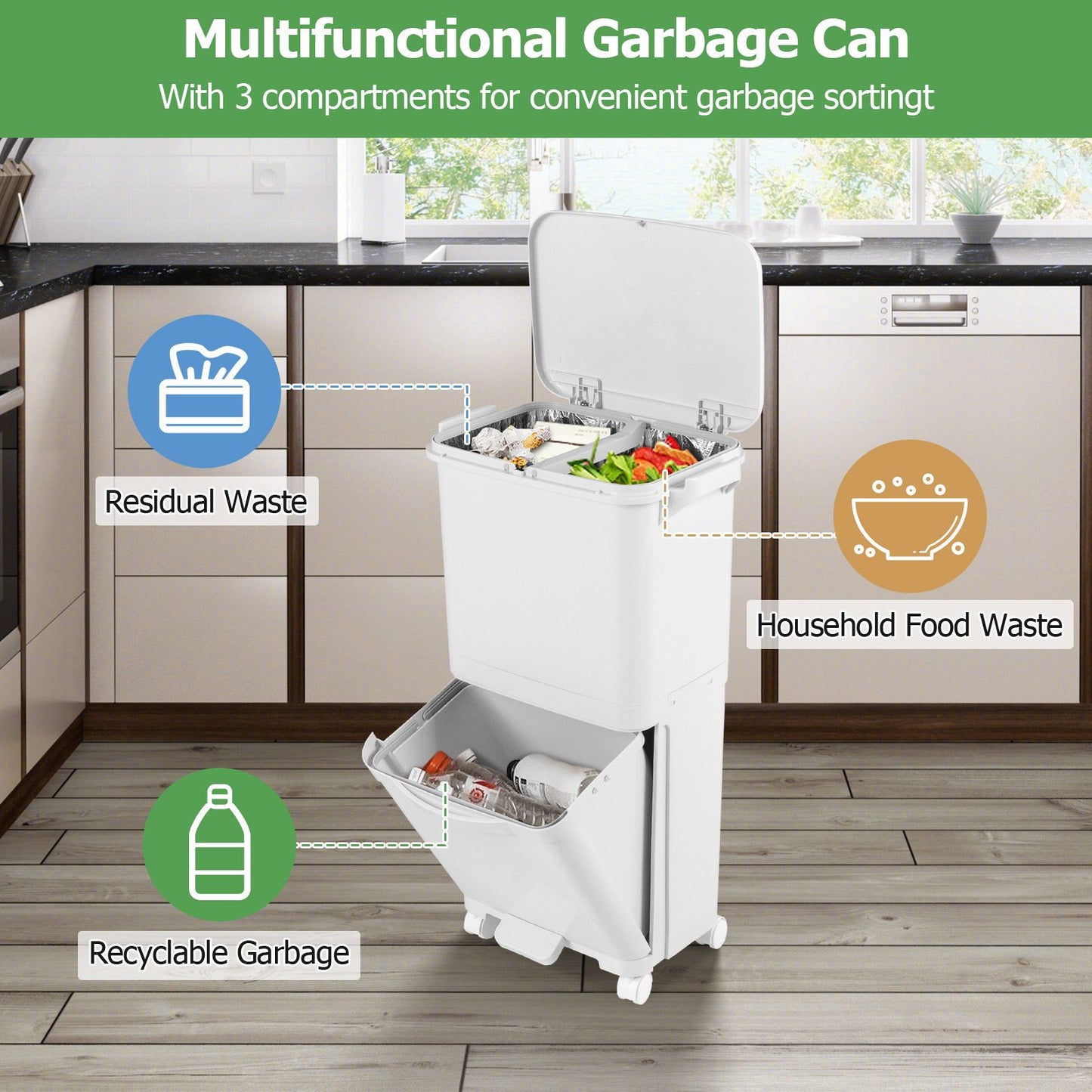 2-Tier Trash Can with Tilt-Designed Bottom Bin and Lockable Wheels