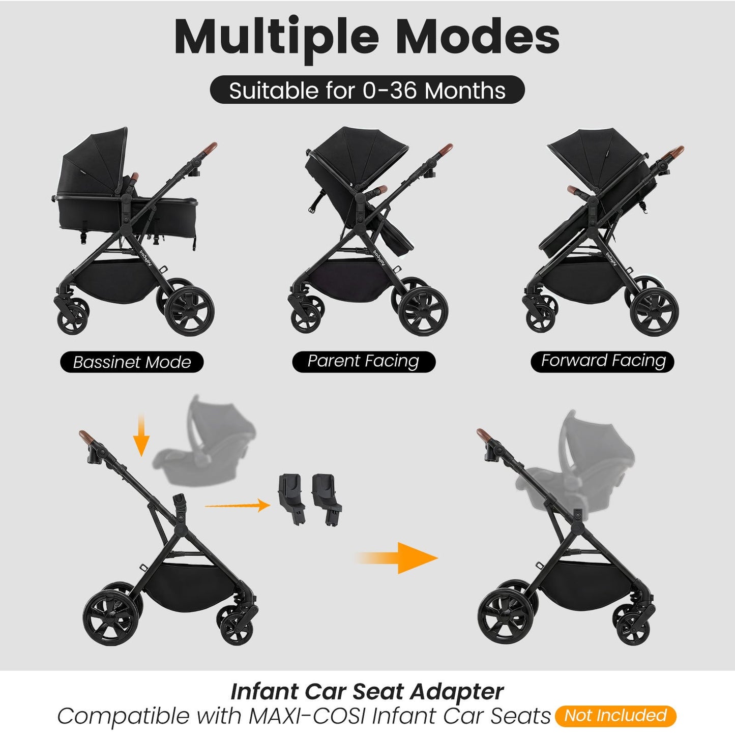 2-in-1 Convertible Baby Stroller with Car Seat Adapters High Landscape Folding Newborn Pram Stroller-Black