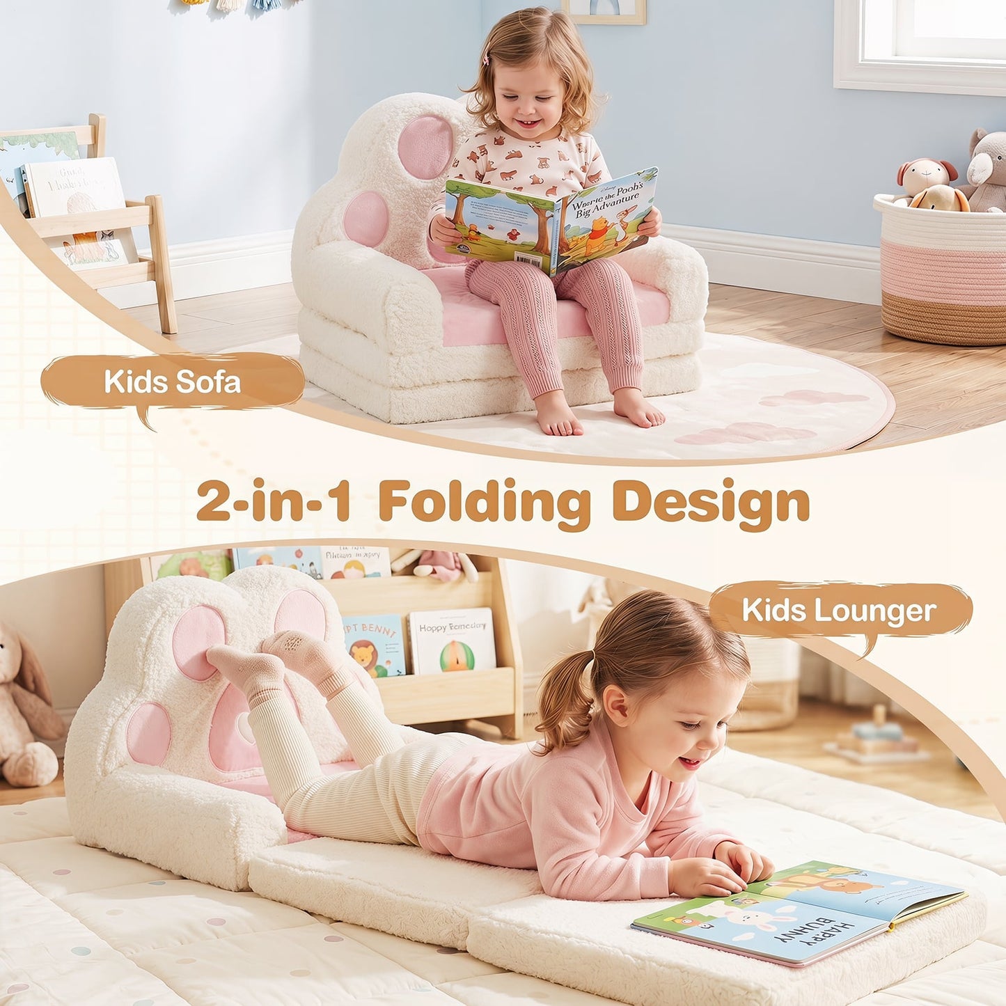 2-in-1 Convertible Kids Sofa to Lounger with Removable Cover and Bear's Paw Patterns-Pink
