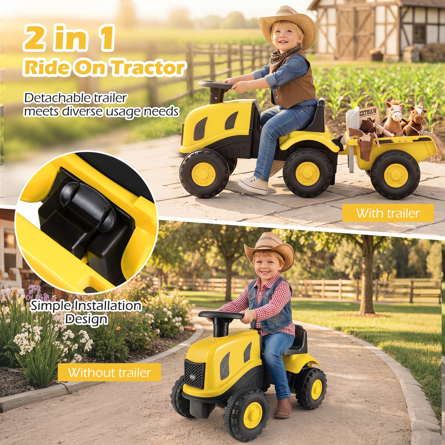 2-in-1 Ride on Tractor with Detachable Trailer Foot-to-Floor Sliding Car with Air Horn-Yellow