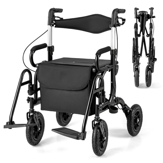 2-in-1 Foldable Rollator Walker with Seat and Pneumatic Tires for All Terrain-Black