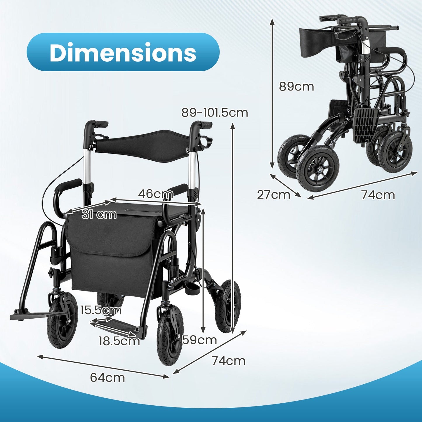 2-in-1 Foldable Rollator Walker with Seat and Pneumatic Tires for All Terrain-Black