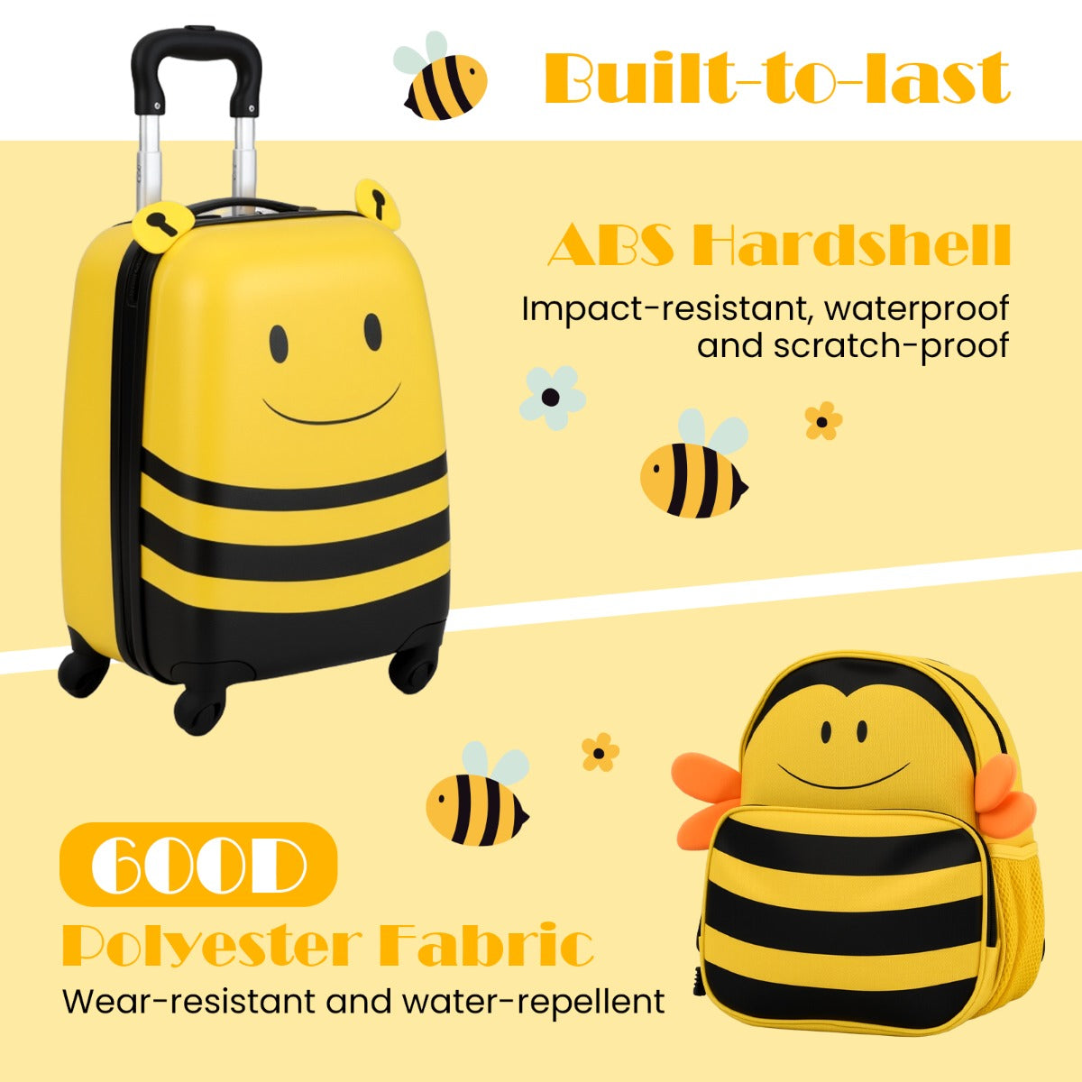 2-Piece Kid’s Luggage Set with Cute Bee Backpack and 18” Rolling Suitcase-Yellow
