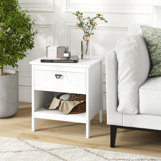 2-tier End Table with Drawer and Open Storage Shelf-White