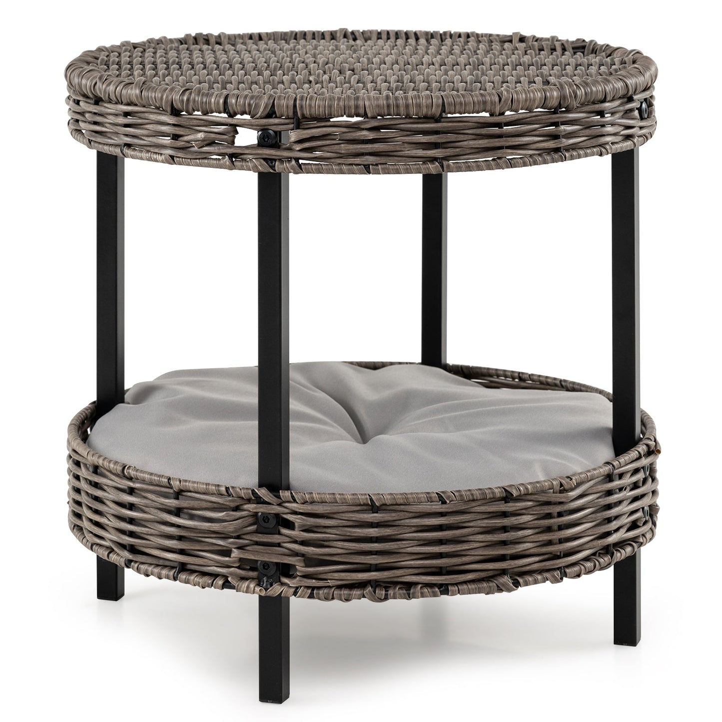 2-tier Rattan Cat Nest Wicker Kitten House Indoor and Outdoor Elevated Pet Shelter-Grey