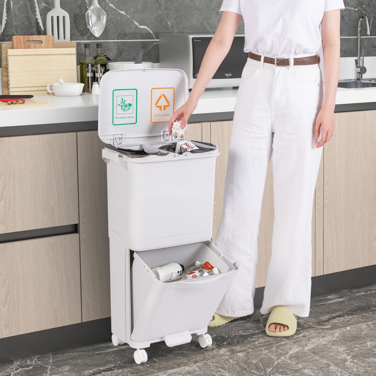 2-Tier Trash Can with Tilt-Designed Bottom Bin and Lockable Wheels