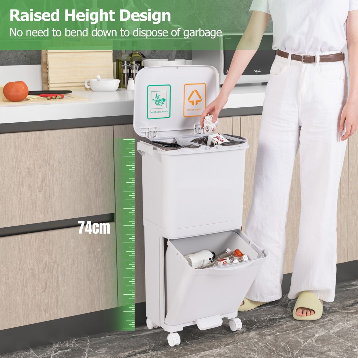 2-Tier Trash Can with Tilt-Designed Bottom Bin and Lockable Wheels