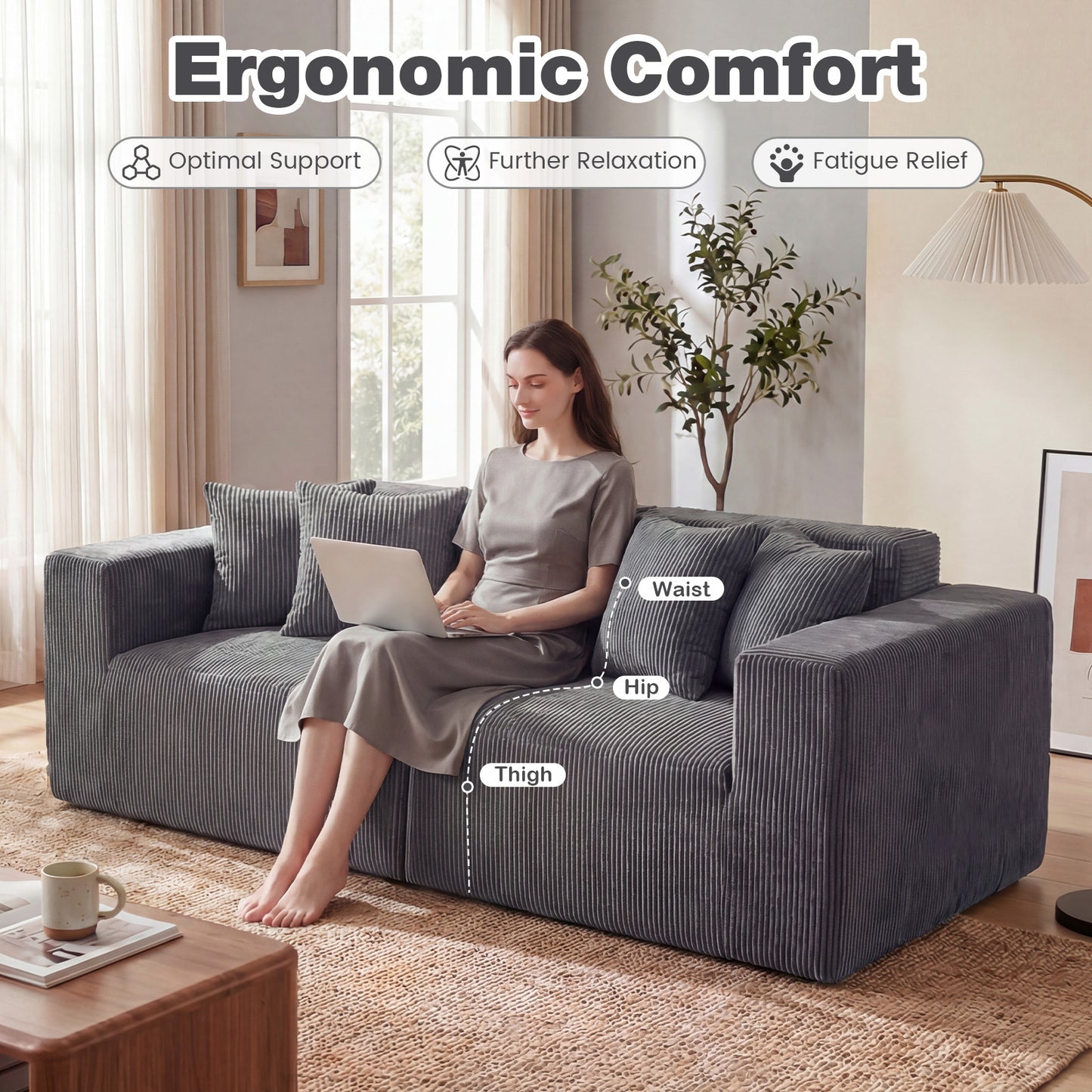 204 cm Boneless Sofa Couch Corduroy Upholstered Loveseat with Deep Seat and Backrest-Grey