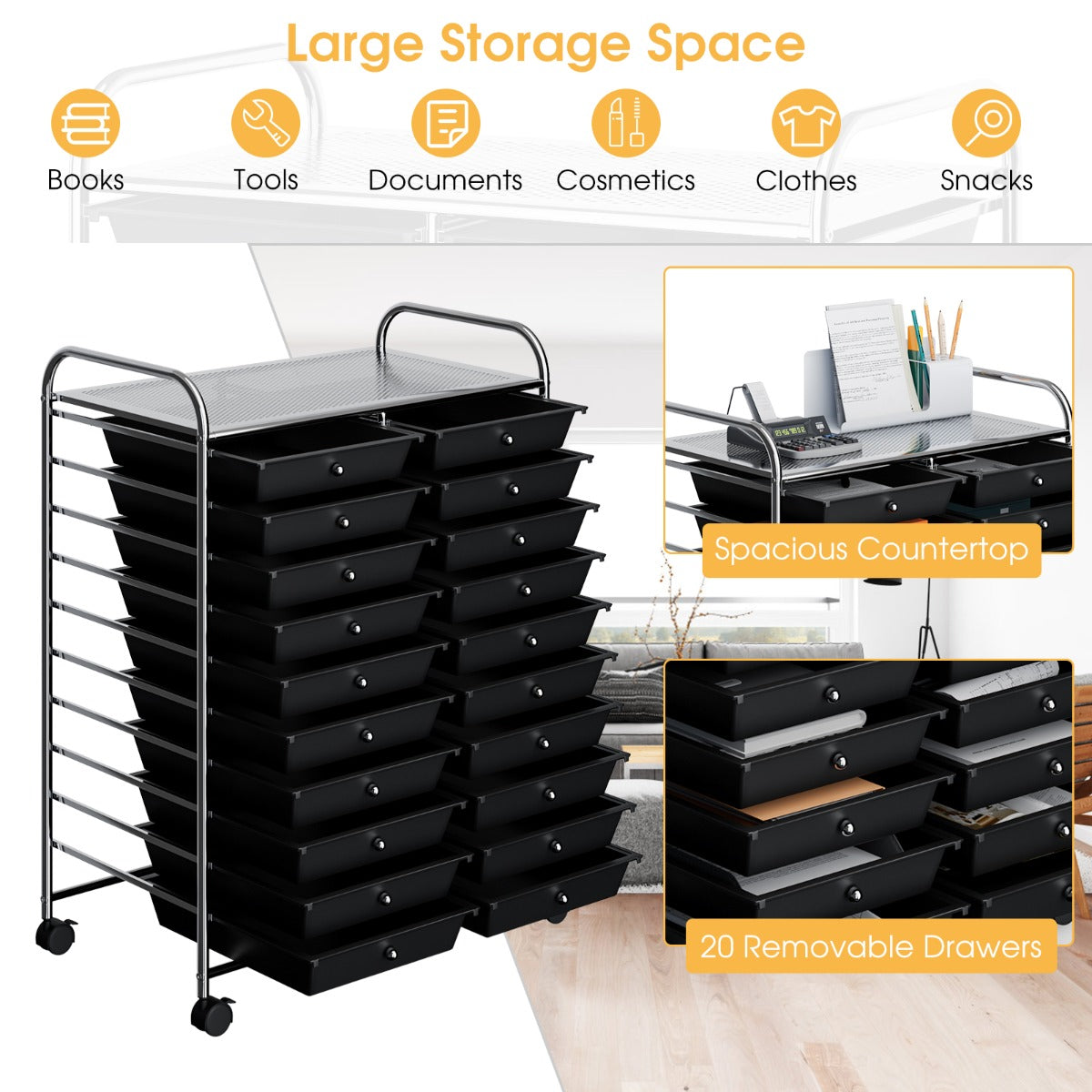 20 Drawers Storage Rolling Cart Studio Organizer-Black