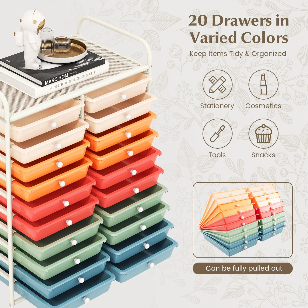 20 Drawers Rolling Storage Cart Studio Organizer-Deep Multicolor