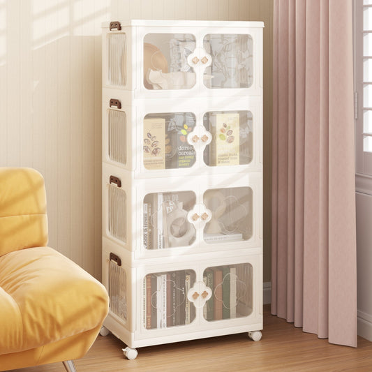 Stackable Storage Containers with Wheels and Lit-White-4-Tier