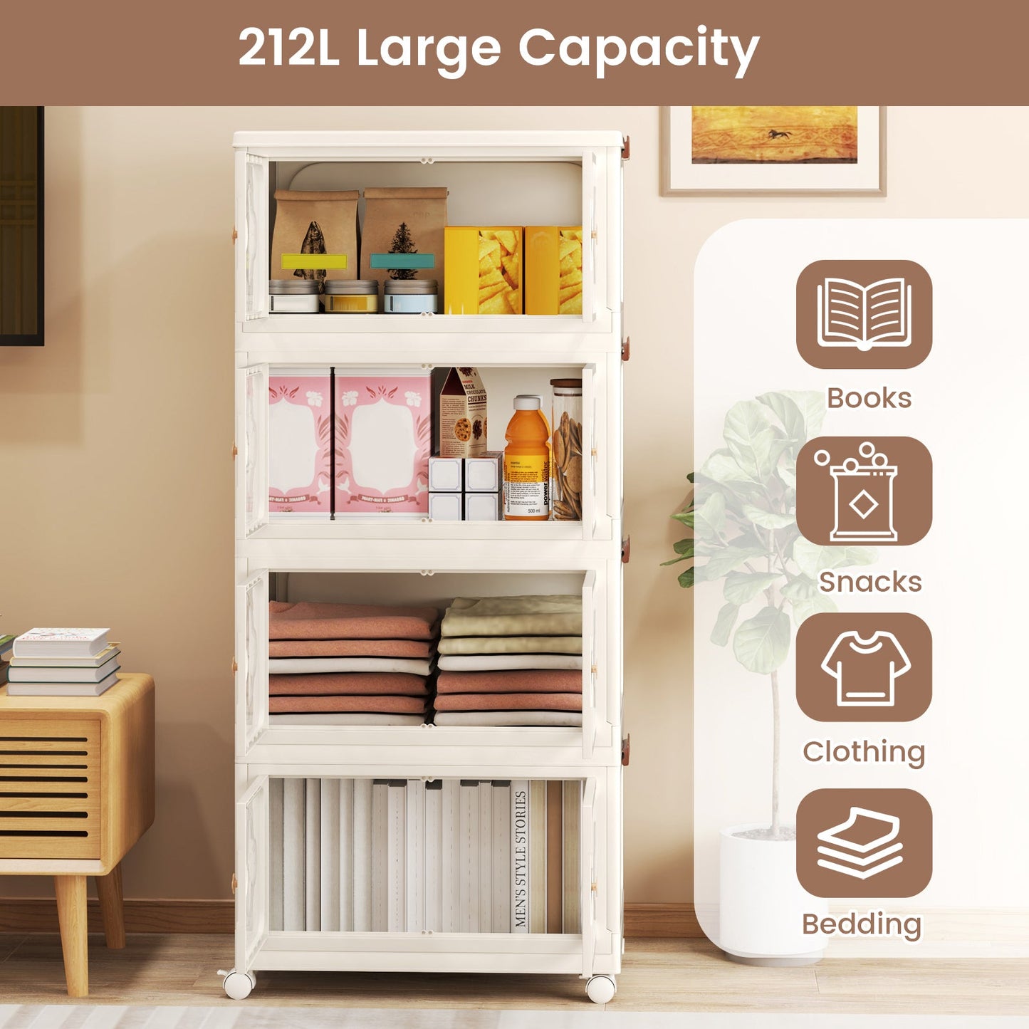 Stackable Storage Containers with Wheels and Lit-White-4-Tier