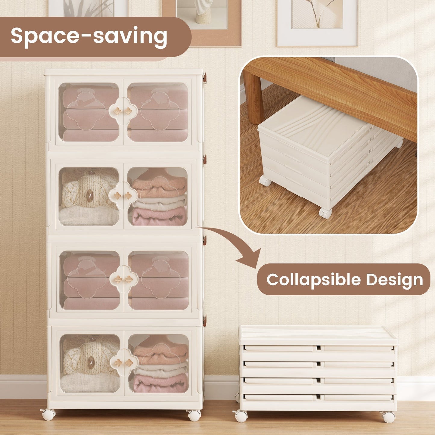 Stackable Storage Containers with Wheels and Lit-White-4-Tier